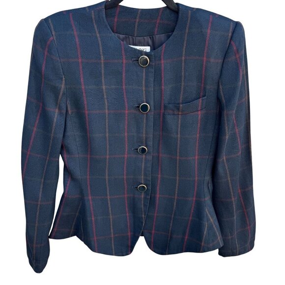 Stirling Cooper Petite Vintage Womens Plaid Peplum Hem Four Button Blazer Jacket - Picture 1 of 11